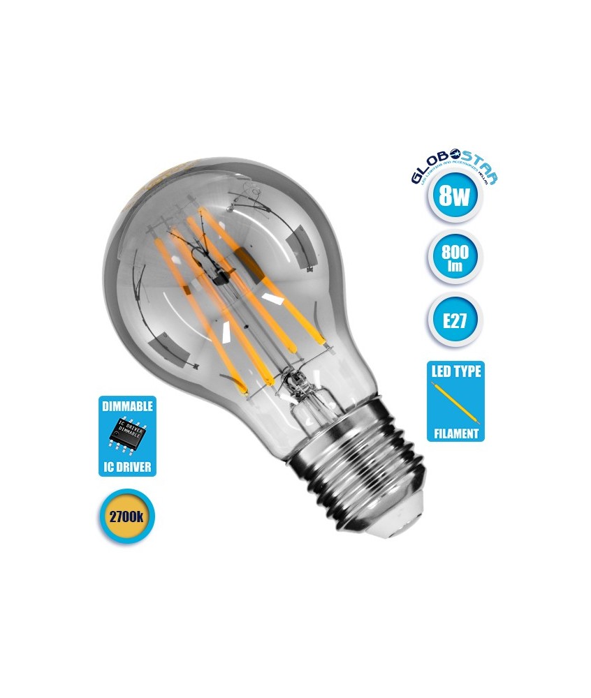 GLOBOSTAR® GLOBE 99067 Λάμπα E27 A60 LED 8W 800lm 360° AC 220-240V IP20 Θερμό Λευκό 2700K Dimmable - Long Filament Chip - Μαύρο Φιμέ - Μ6 x Π6 x Υ11cm - 3 Χρόνια Εγγύηση